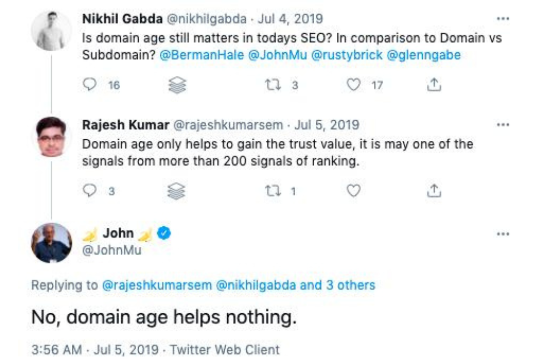 John Mueller's tweet on domain age does not affect website rankings